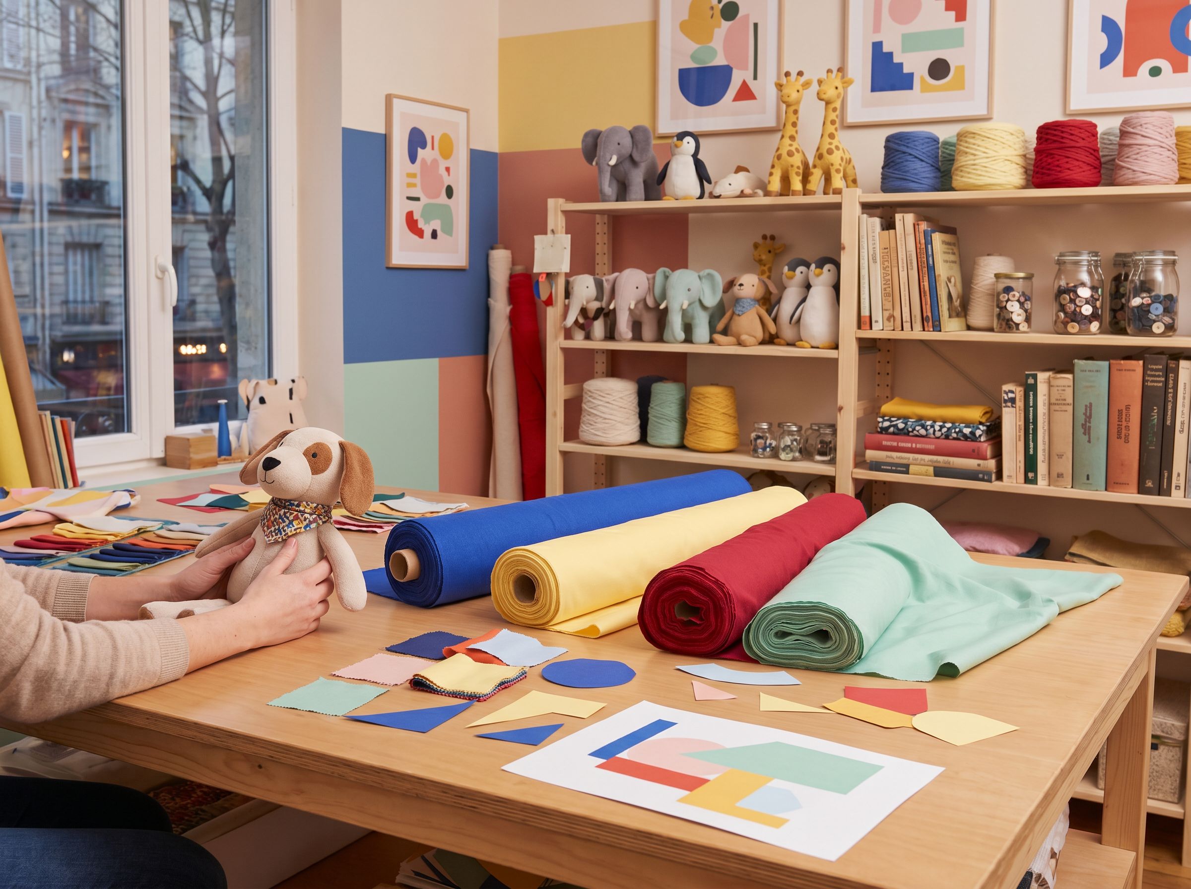 Atelier d'emballage Chien Peluche — peluches préparées pour expédition cadeau.